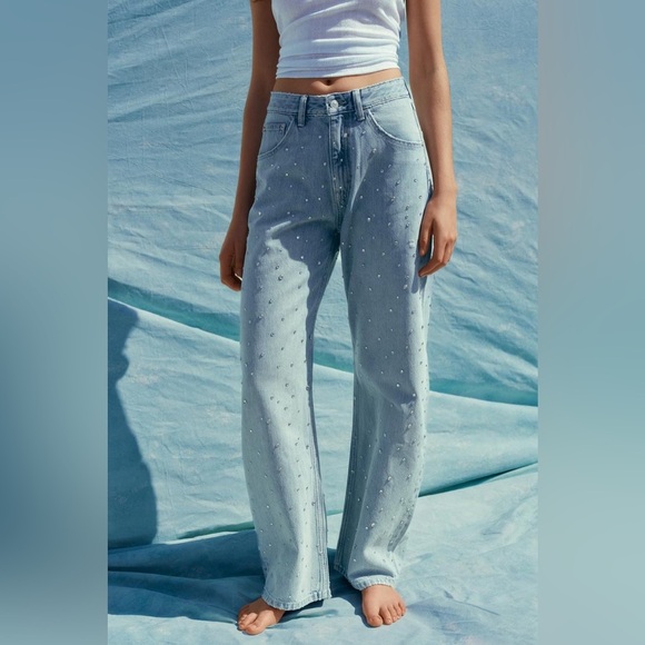 NWT ZARA TRF CURVED HIGH WAIST RHINESTONE JEANS - Picture 7 of 11